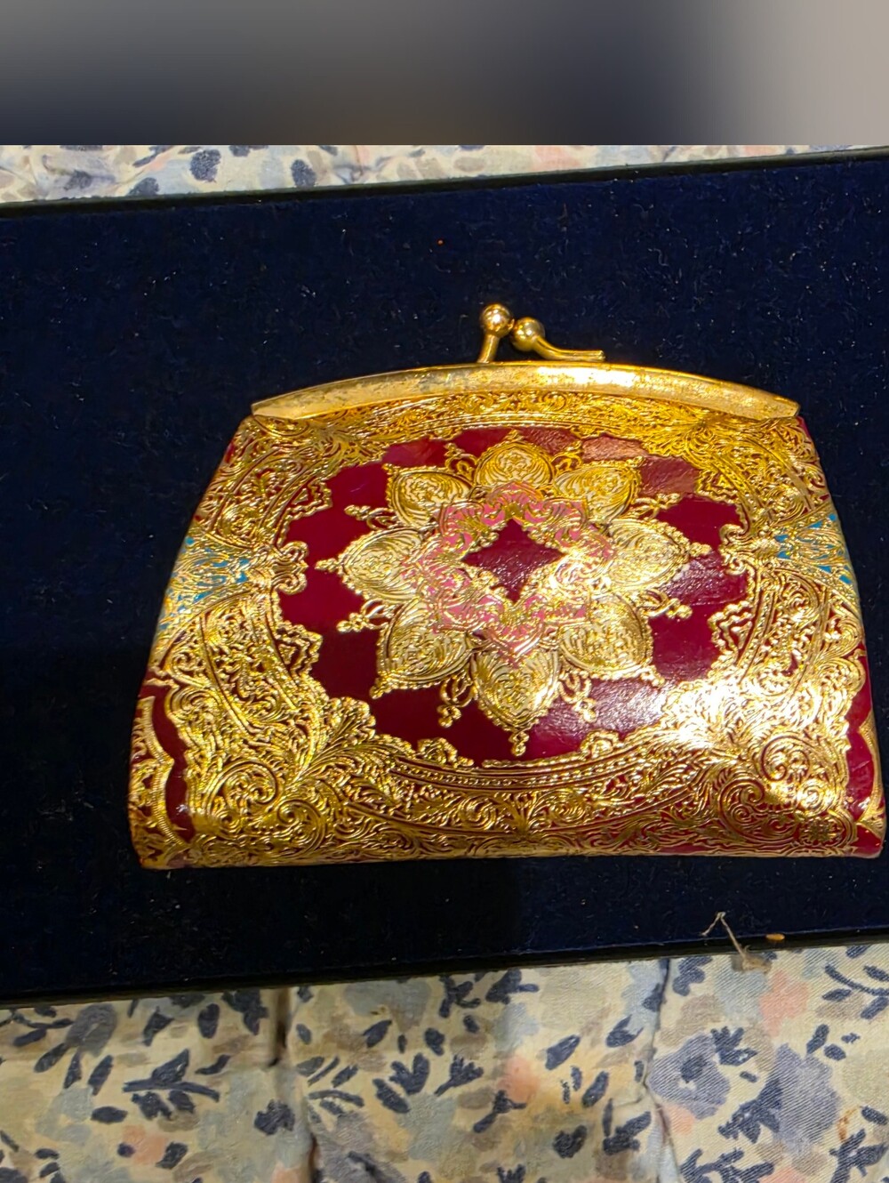 Ornate Gold-Embossed Red Evening Clutch